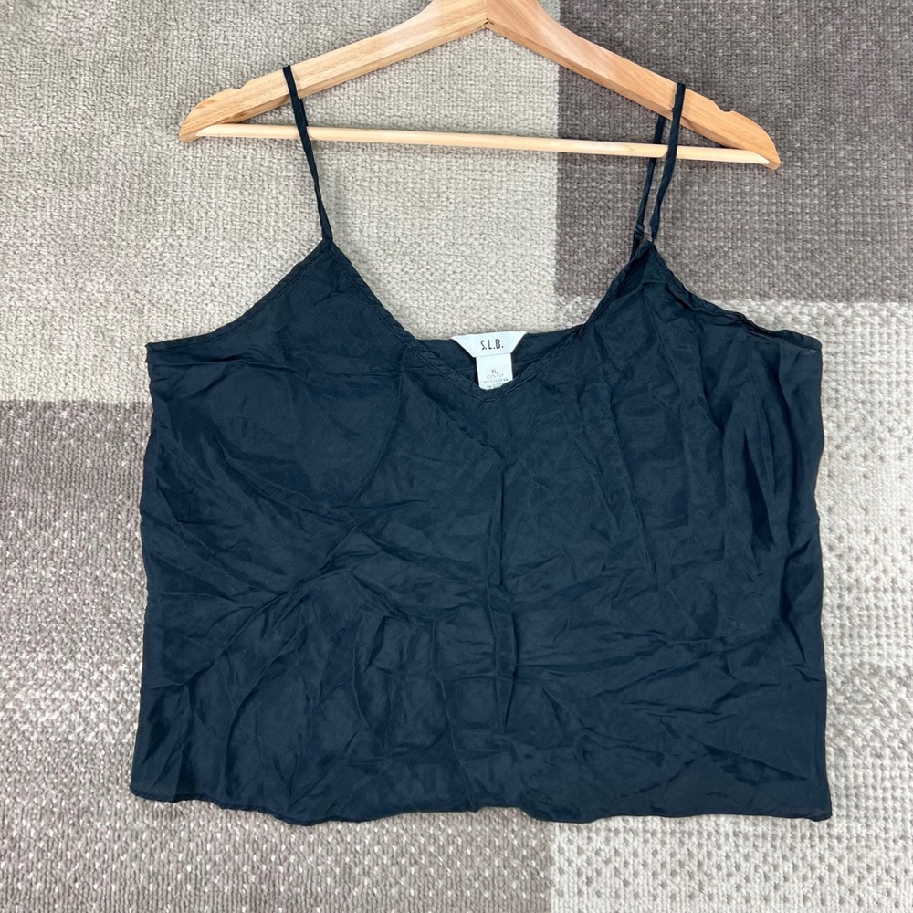 S.L.B. Women Black 100% Silk V-Neck Cami Camisole Tank Top XL Adjustable Straps